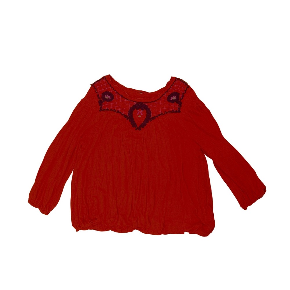 Vintage Embroidered Boho Blouse Large Orange Red Textured Linen Blend Peasant